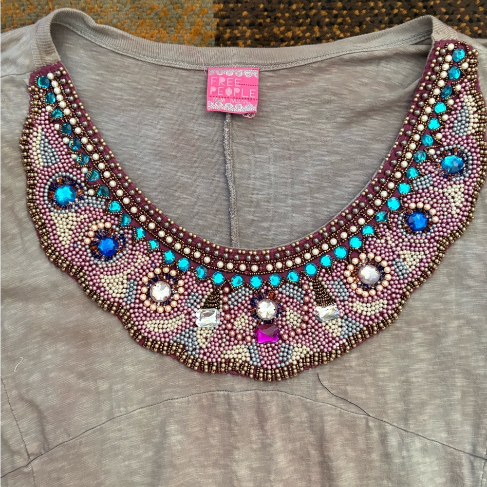 Free People Taupe Short Sleeve Tee with Multicolor Beaded Scoop Neck - Picture 3 of 6